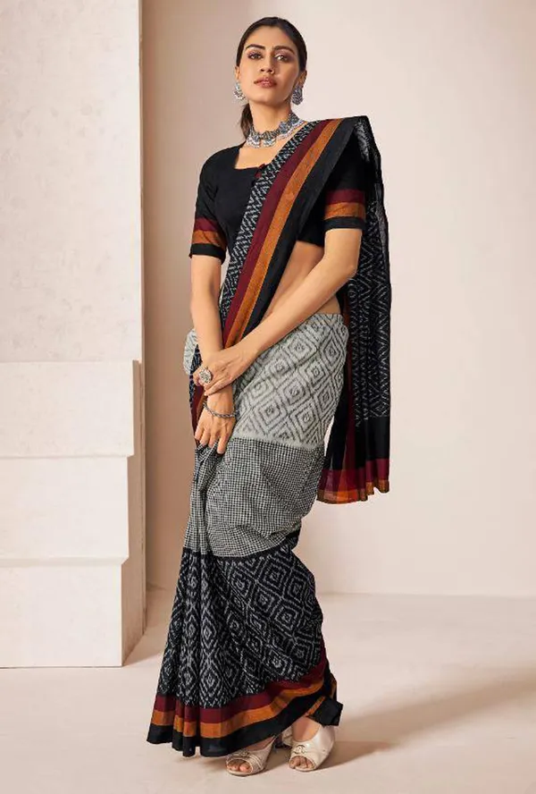 Black_Printed_Pure_Cotton_Saree_With_Blouse_Piece